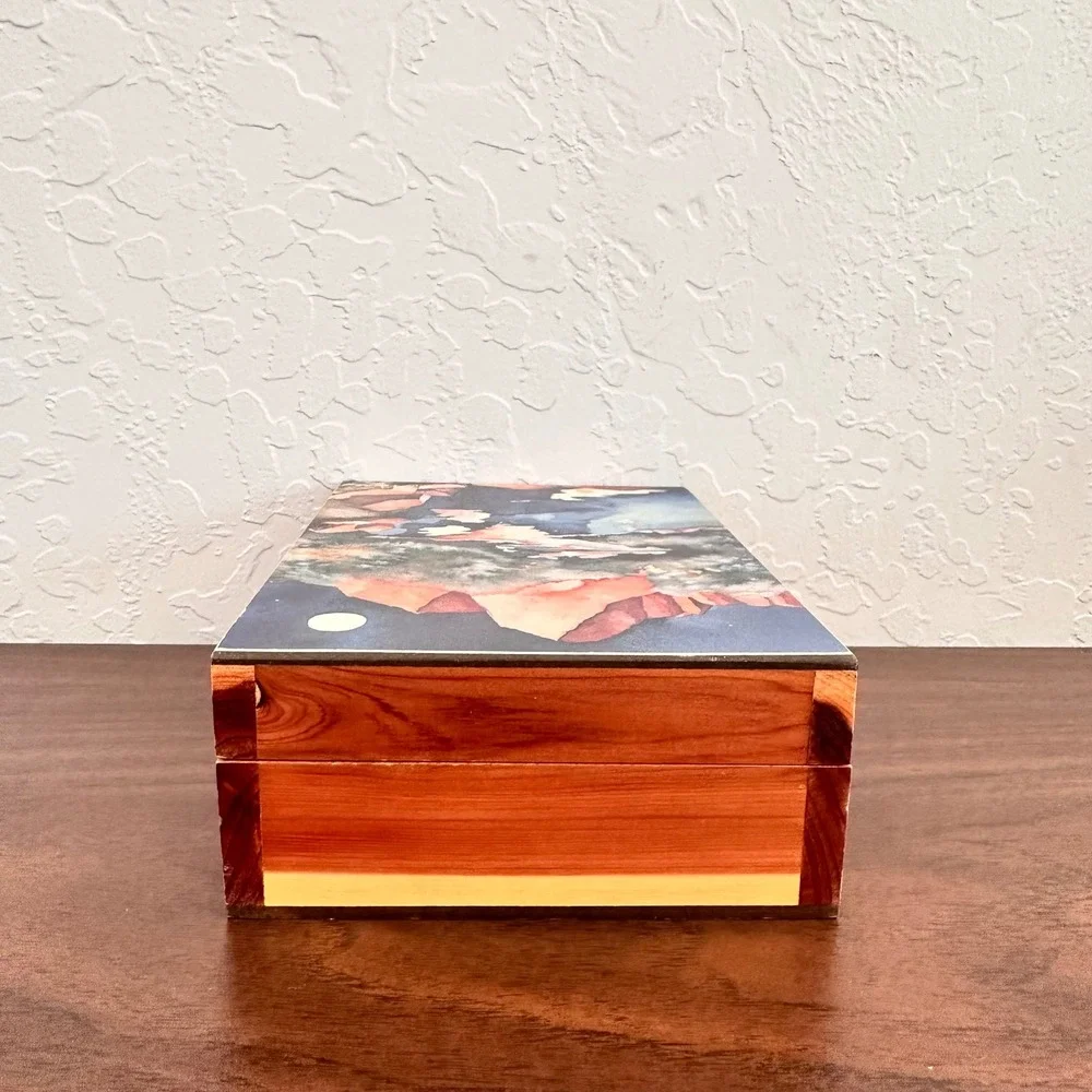 VTG Wooden Jewelry Box With Watercolor Art 